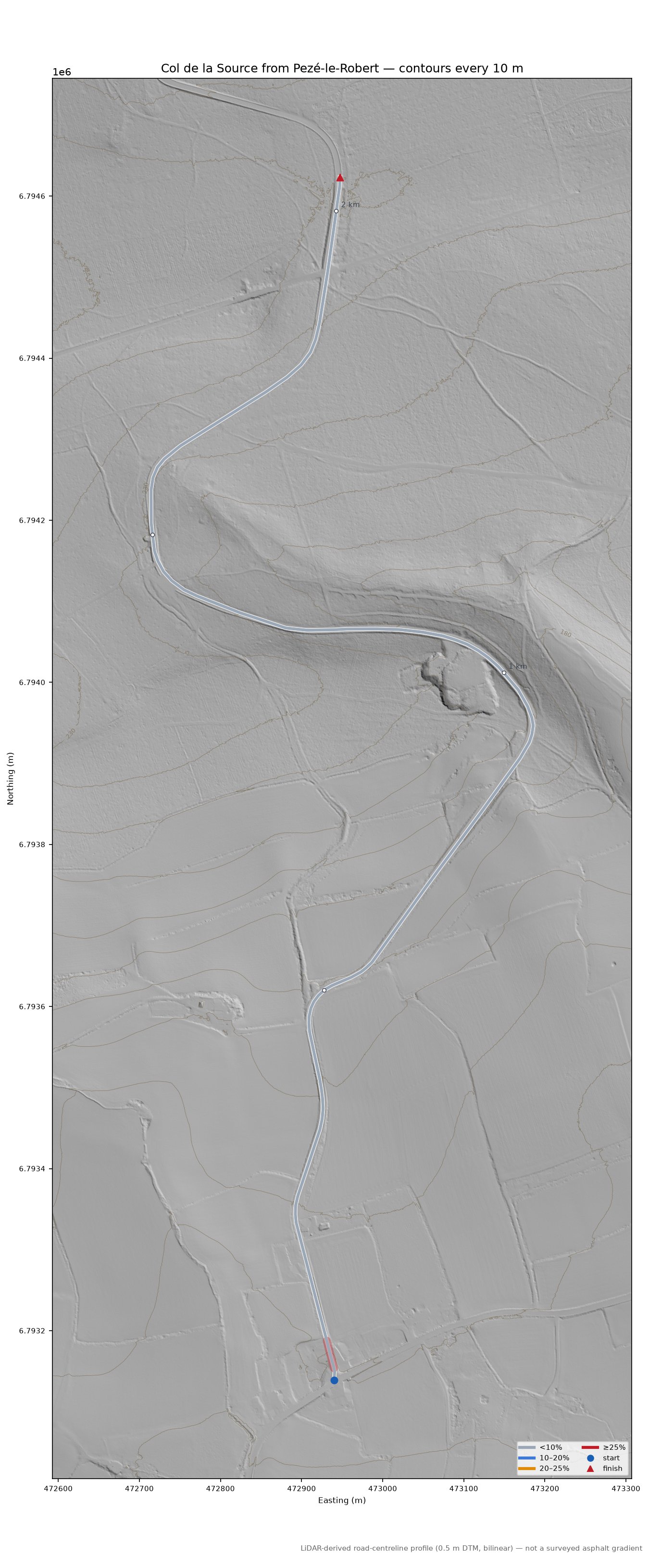 Col de la Source from Pezé-le-Robert LiDAR hillshade map with contours
