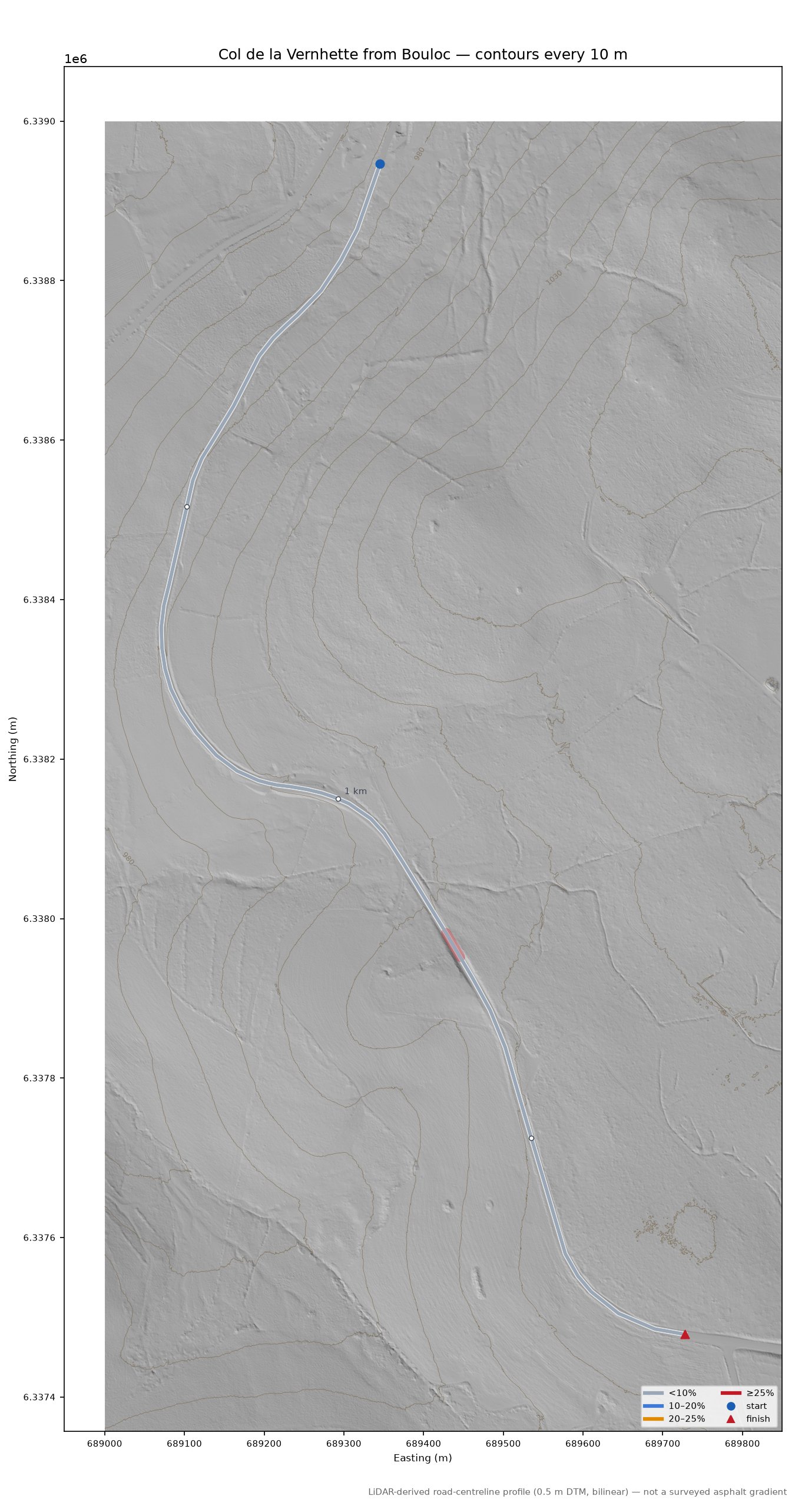 Col de la Vernhette from Bouloc LiDAR hillshade map with contours