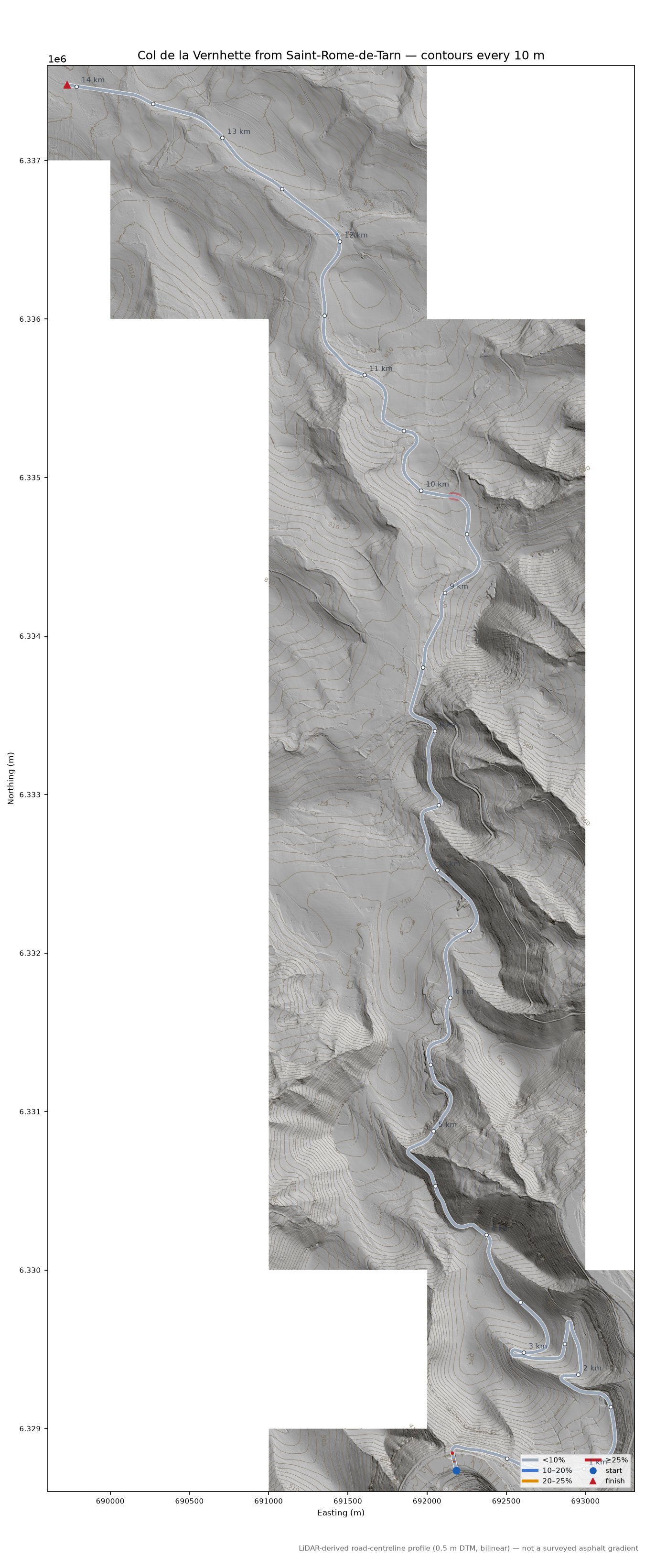 Col de la Vernhette from Saint-Rome-de-Tarn LiDAR hillshade map with contours