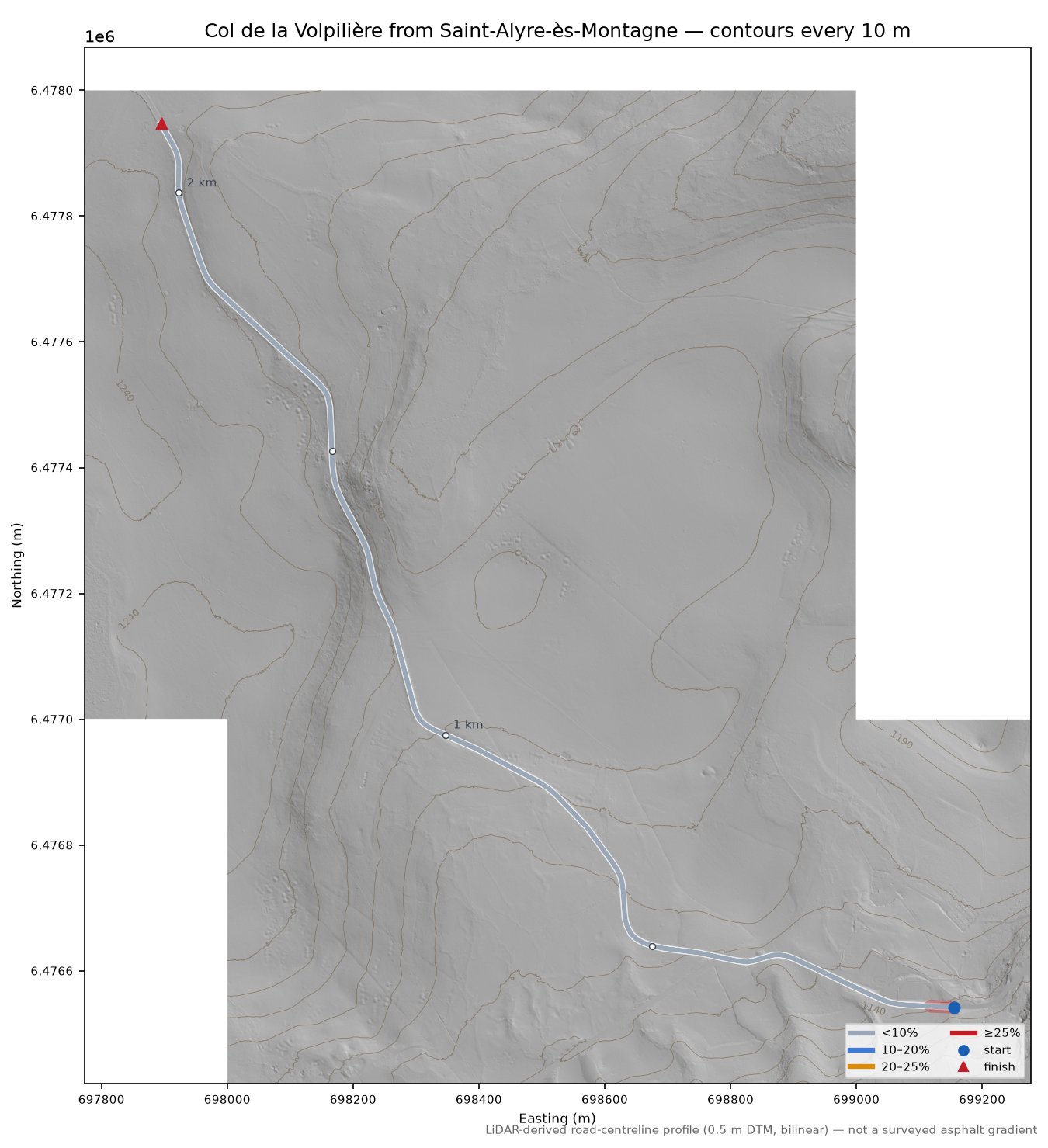 Col de la Volpilière from Saint-Alyre-ès-Montagne LiDAR hillshade map with contours