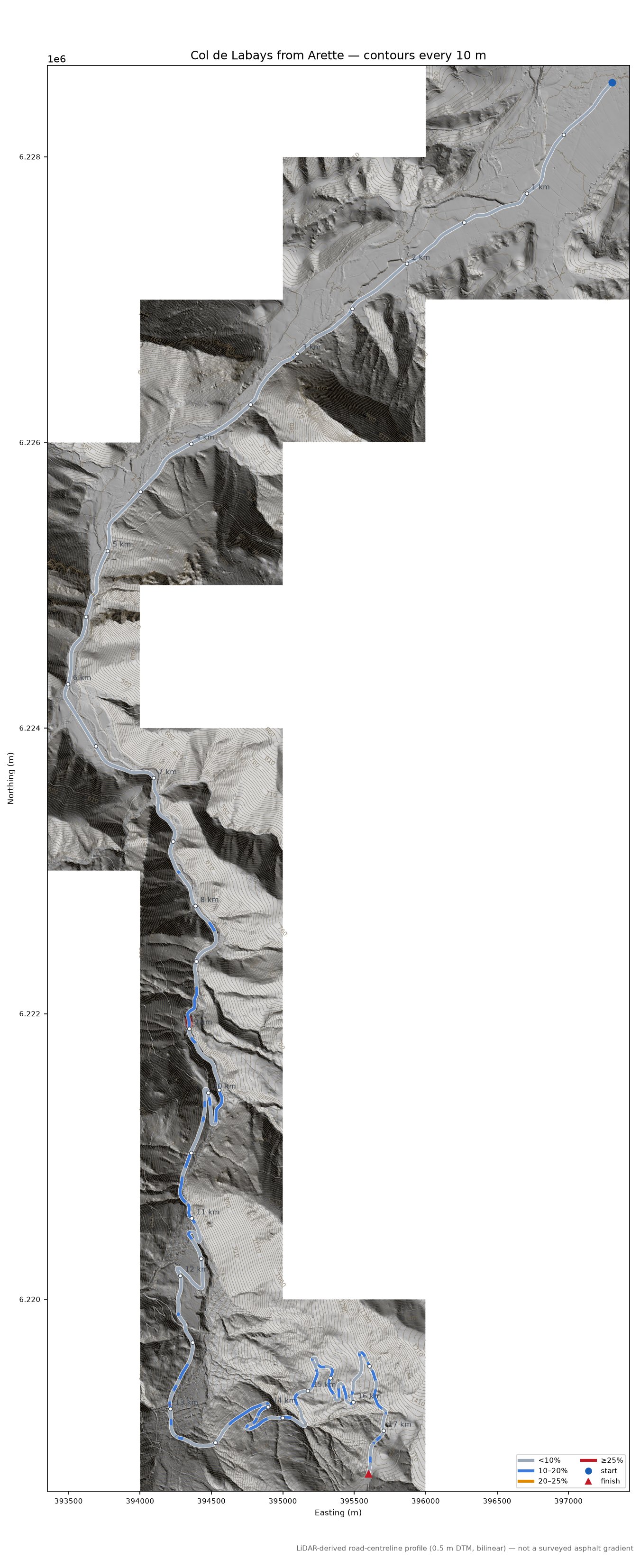 Col de Labays from Arette LiDAR hillshade map with contours