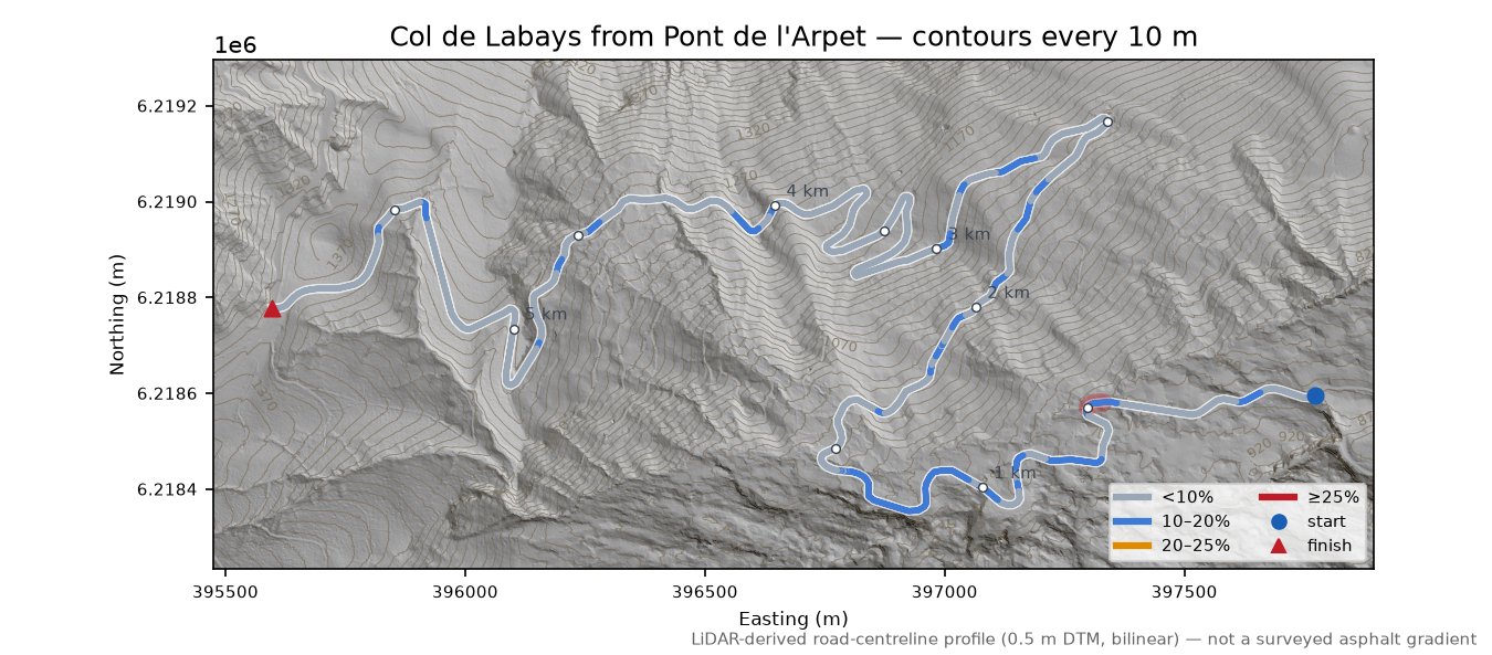 Col de Labays from Pont de l'Arpet LiDAR hillshade map with contours