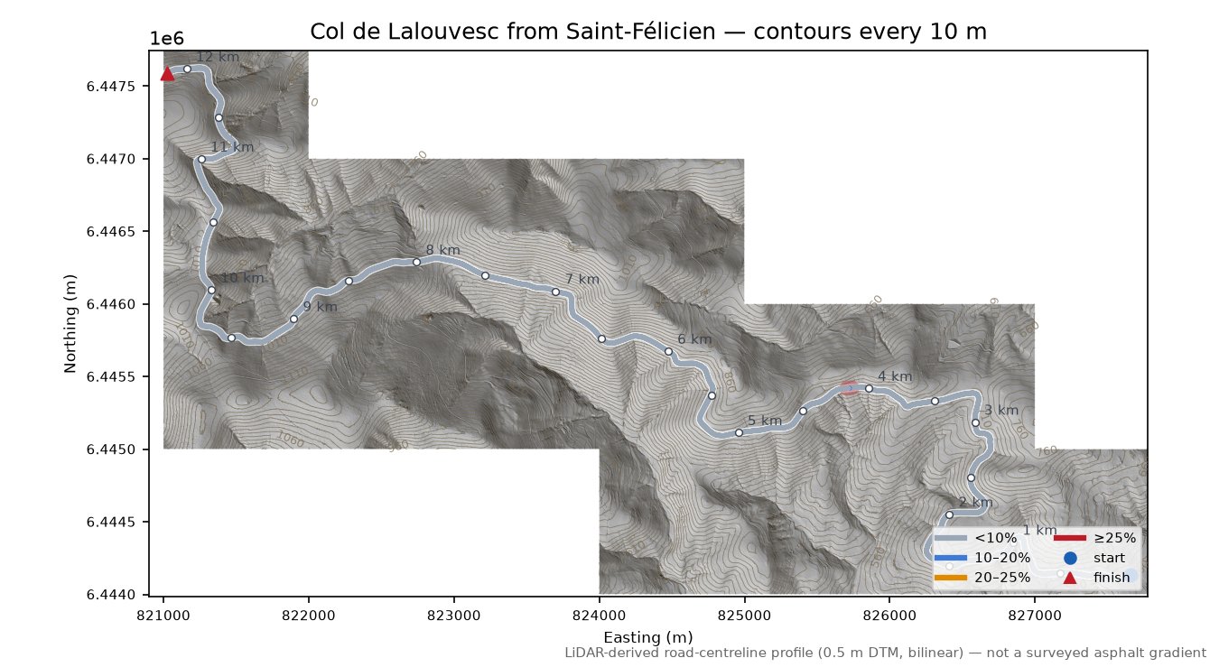 Col de Lalouvesc from Saint-Félicien LiDAR hillshade map with contours