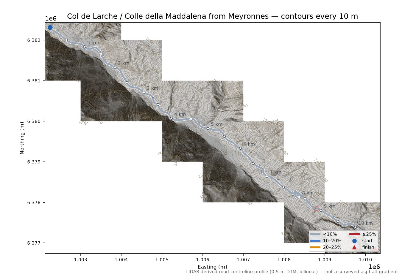 Col de Larche / Colle della Maddalena from Meyronnes LiDAR hillshade map with contours