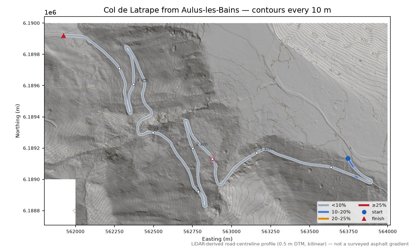 Col de Latrape from Aulus-les-Bains LiDAR hillshade map with contours