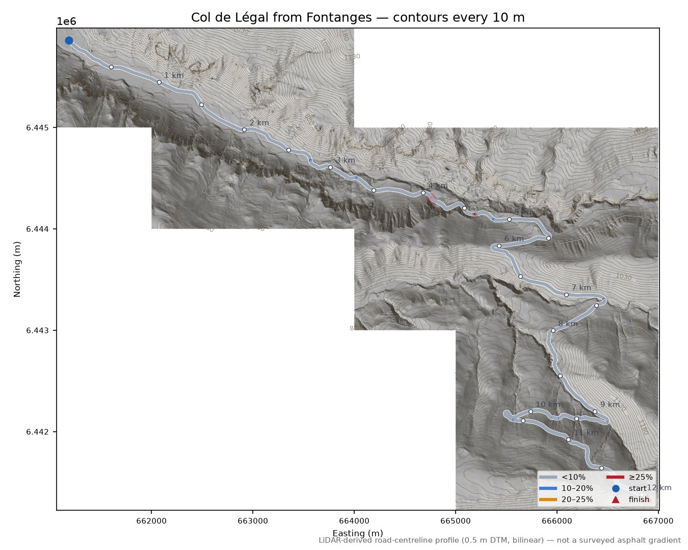 Col de Légal from Fontanges LiDAR hillshade map with contours