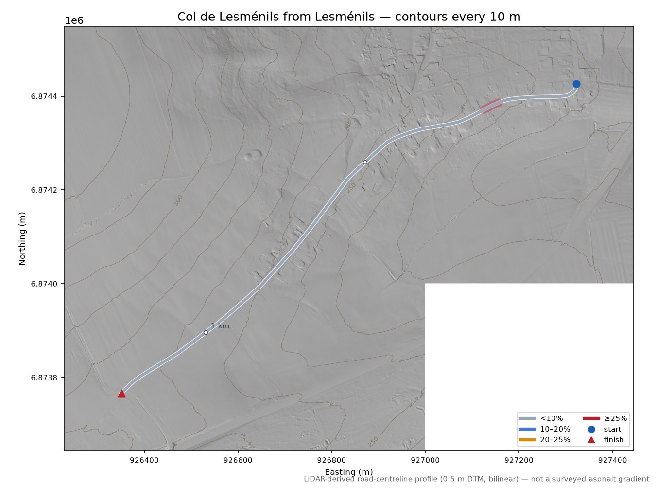 Col de Lesménils from Lesménils LiDAR hillshade map with contours