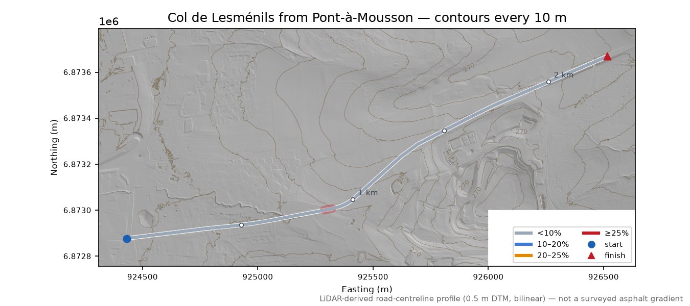Col de Lesménils from Pont-à-Mousson LiDAR hillshade map with contours