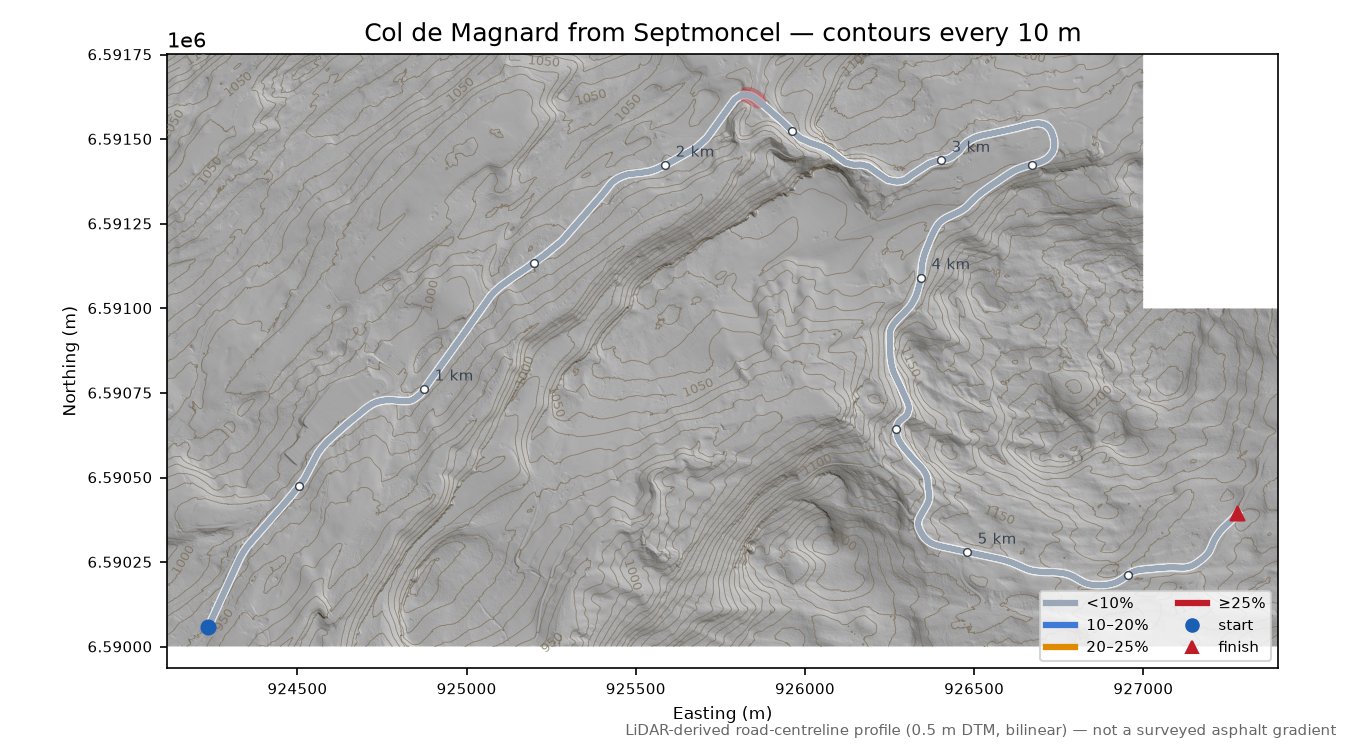 Col de Magnard from Septmoncel LiDAR hillshade map with contours