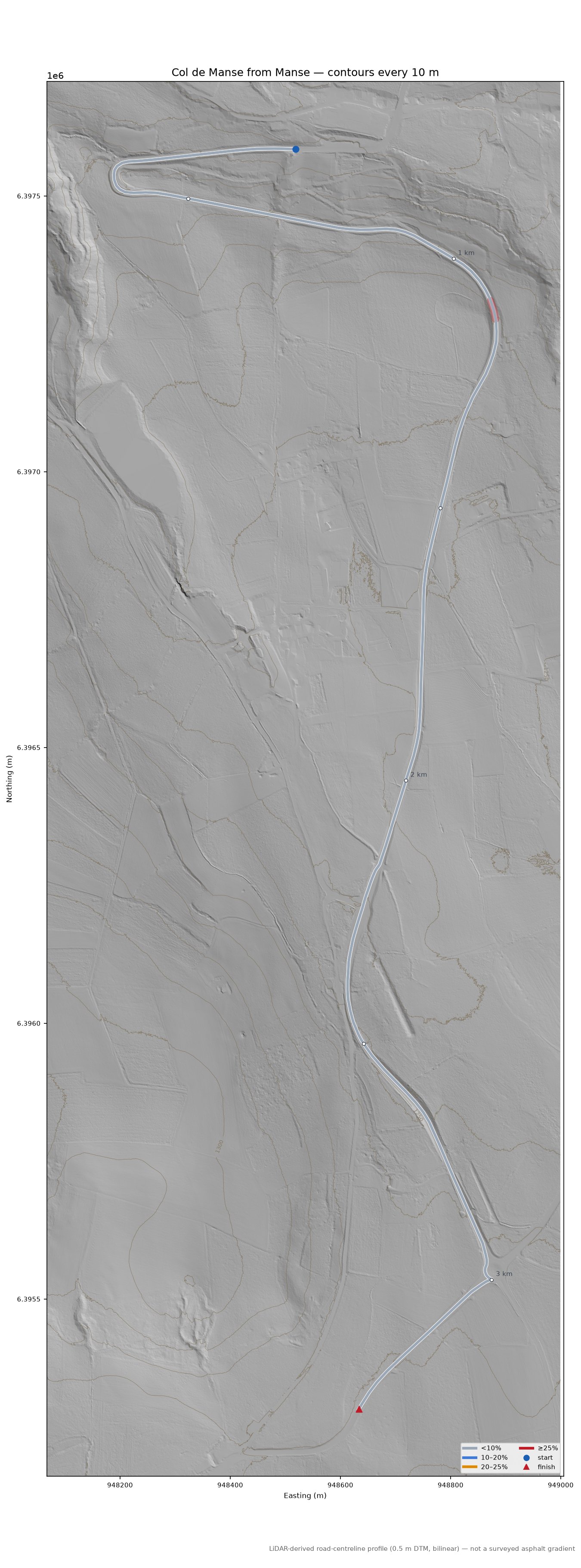 Col de Manse from Manse LiDAR hillshade map with contours