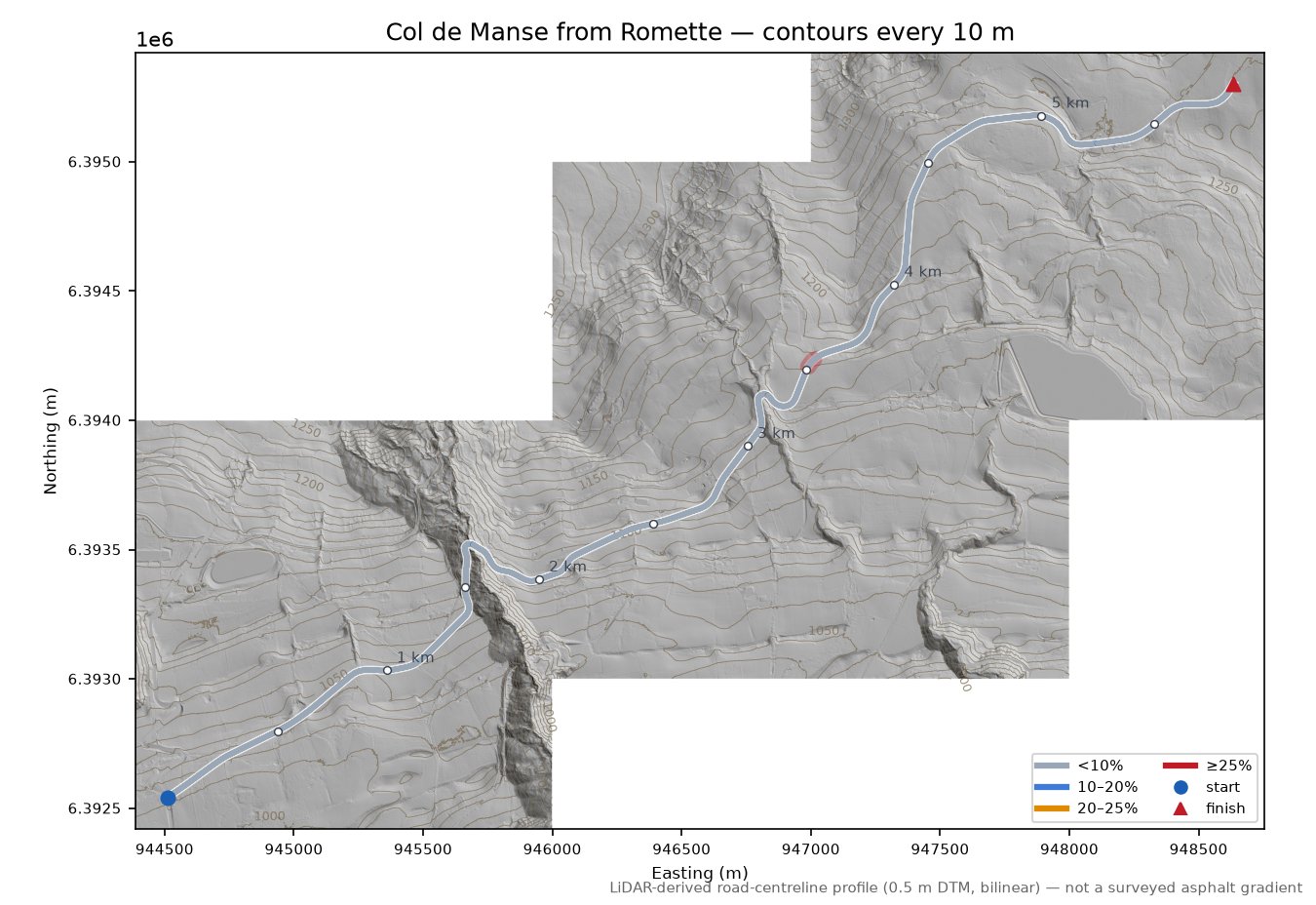 Col de Manse from Romette LiDAR hillshade map with contours