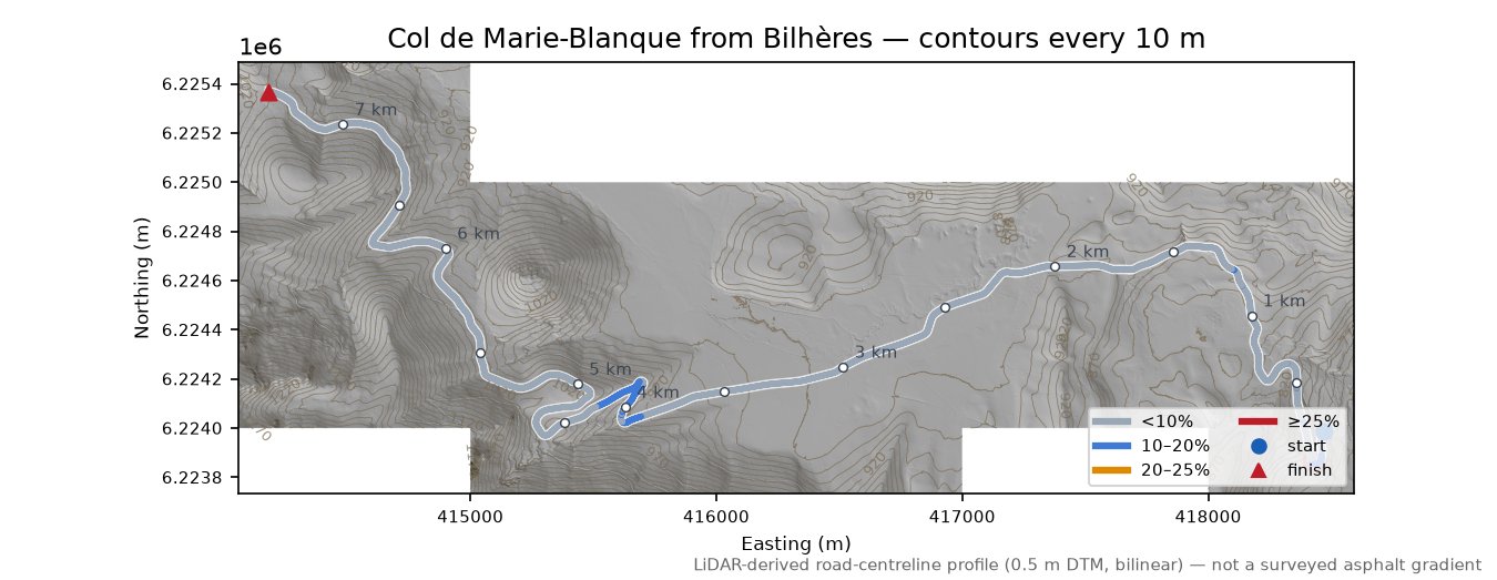 Col de Marie-Blanque from Bilhères LiDAR hillshade map with contours