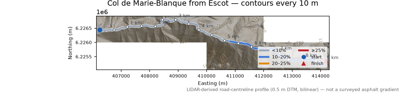 Col de Marie-Blanque from Escot LiDAR hillshade map with contours