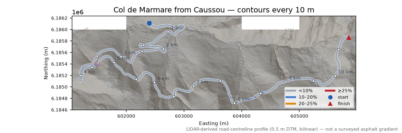 Col de Marmare from Caussou LiDAR hillshade map with contours