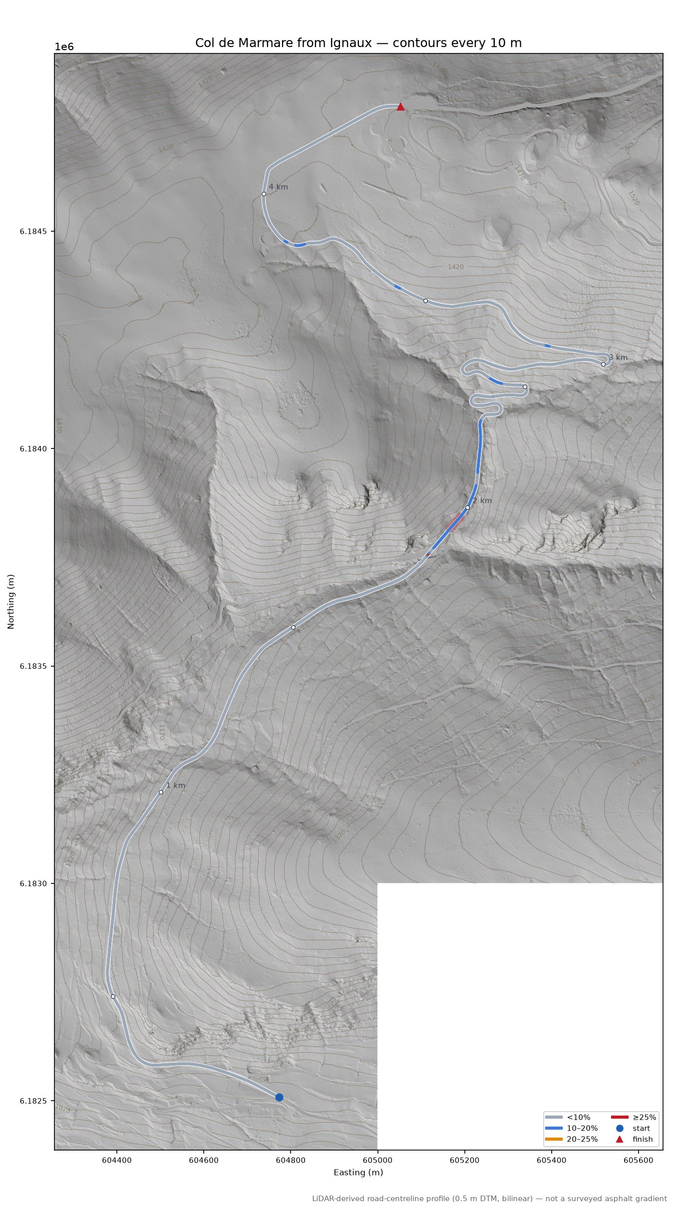 Col de Marmare from Ignaux LiDAR hillshade map with contours