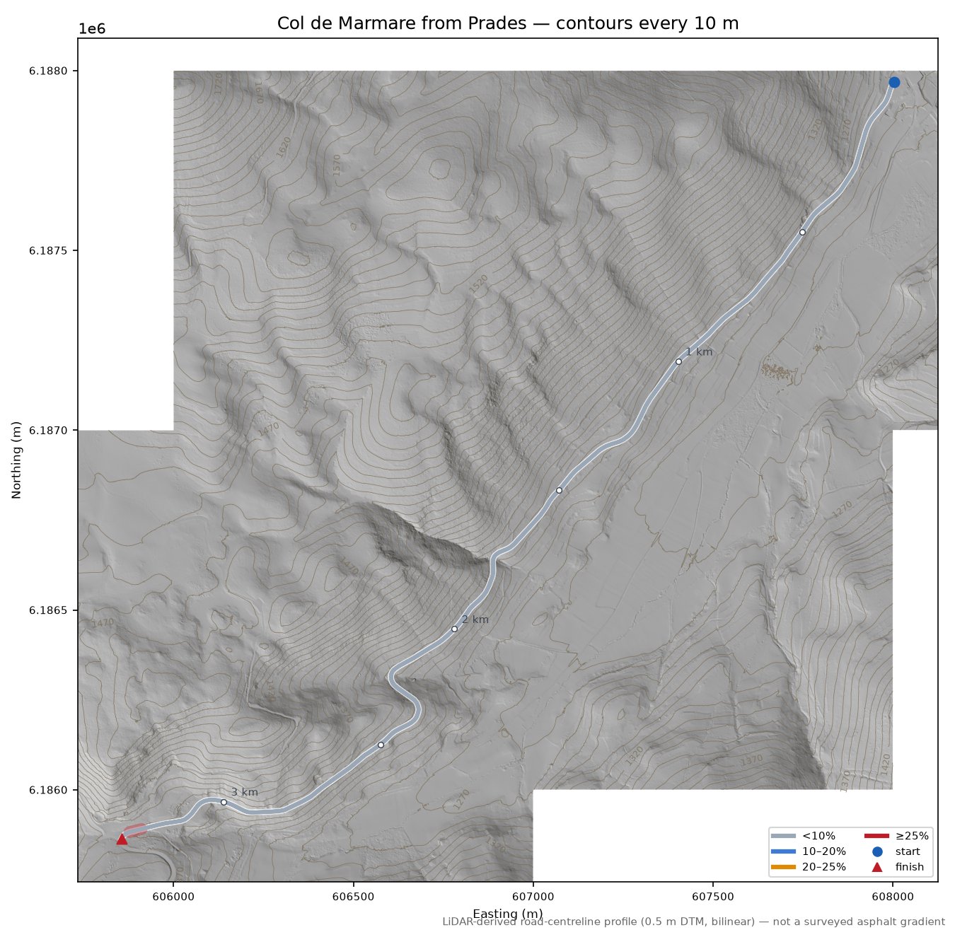 Col de Marmare from Prades LiDAR hillshade map with contours