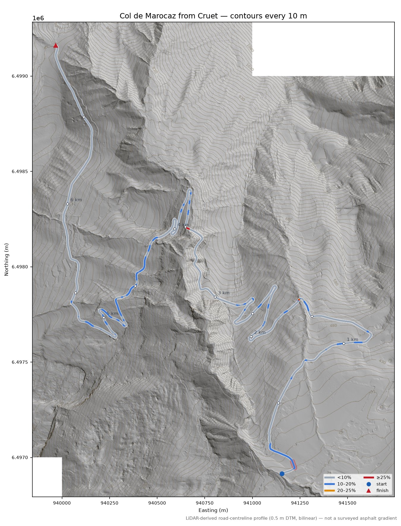 Col de Marocaz from Cruet LiDAR hillshade map with contours