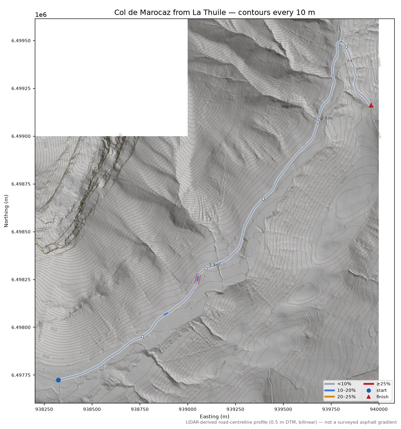 Col de Marocaz from La Thuile LiDAR hillshade map with contours