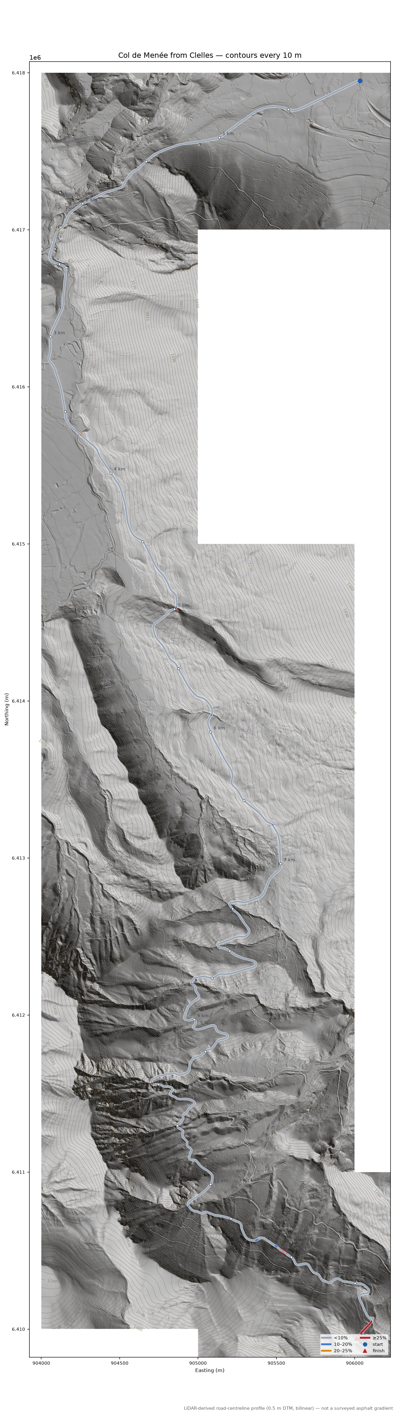 Col de Menée from Clelles LiDAR hillshade map with contours