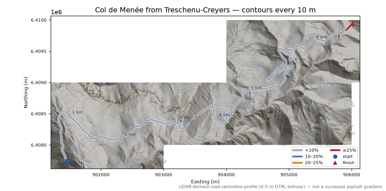 Col de Menée from Treschenu-Creyers LiDAR hillshade map with contours