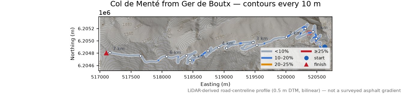 Col de Menté from Ger de Boutx LiDAR hillshade map with contours