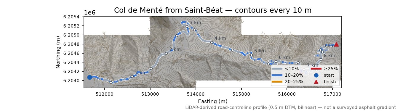 Col de Menté from Saint-Béat LiDAR hillshade map with contours