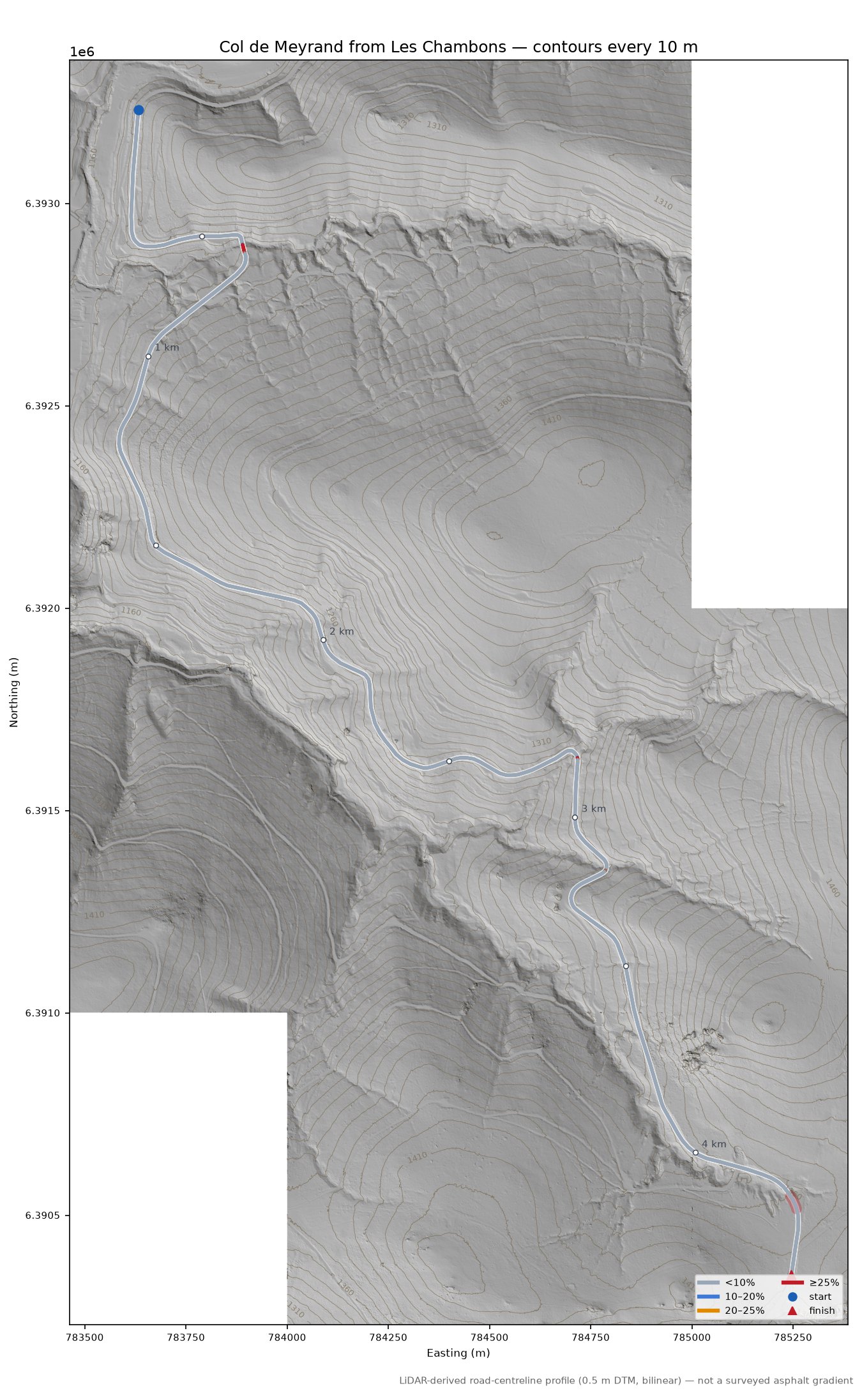 Col de Meyrand from Les Chambons LiDAR hillshade map with contours