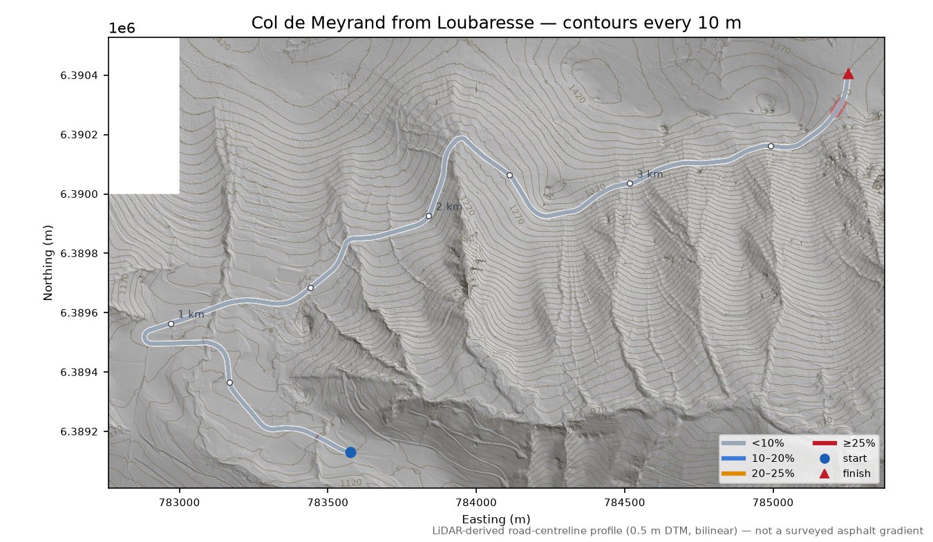Col de Meyrand from Loubaresse LiDAR hillshade map with contours