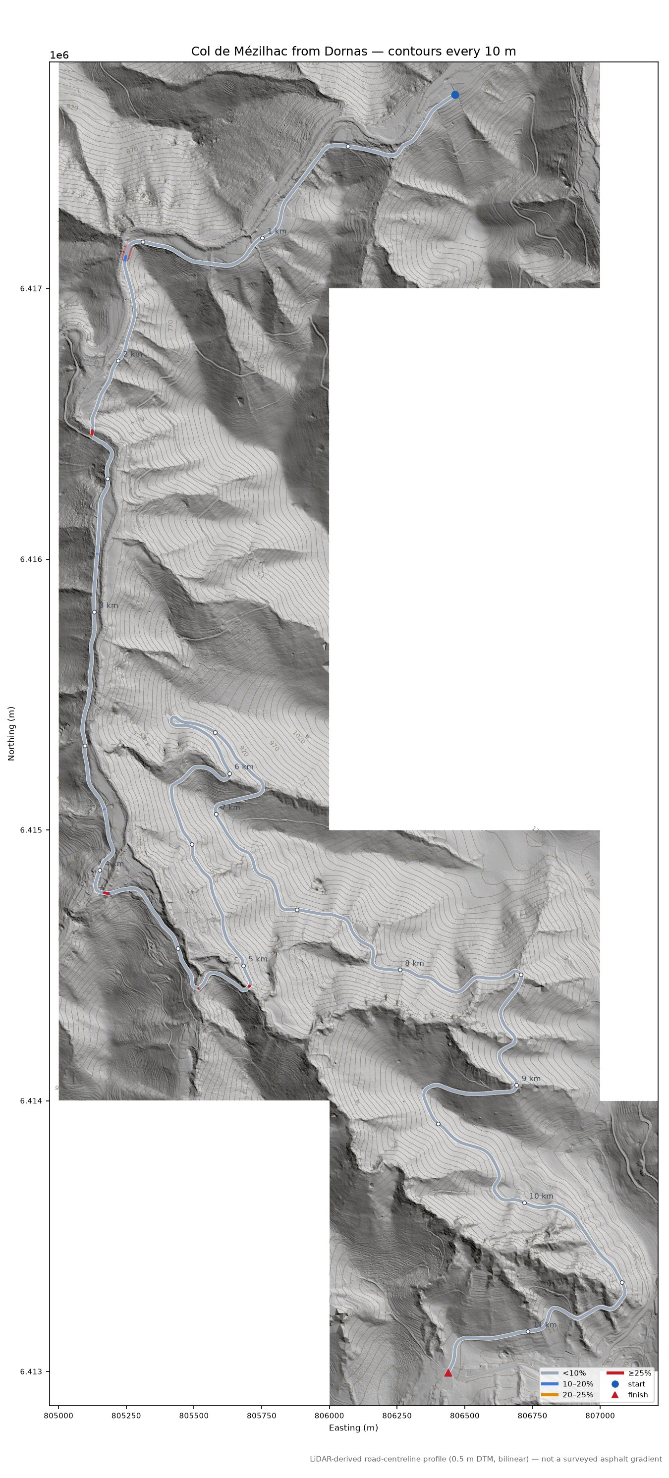 Col de Mézilhac from Dornas LiDAR hillshade map with contours