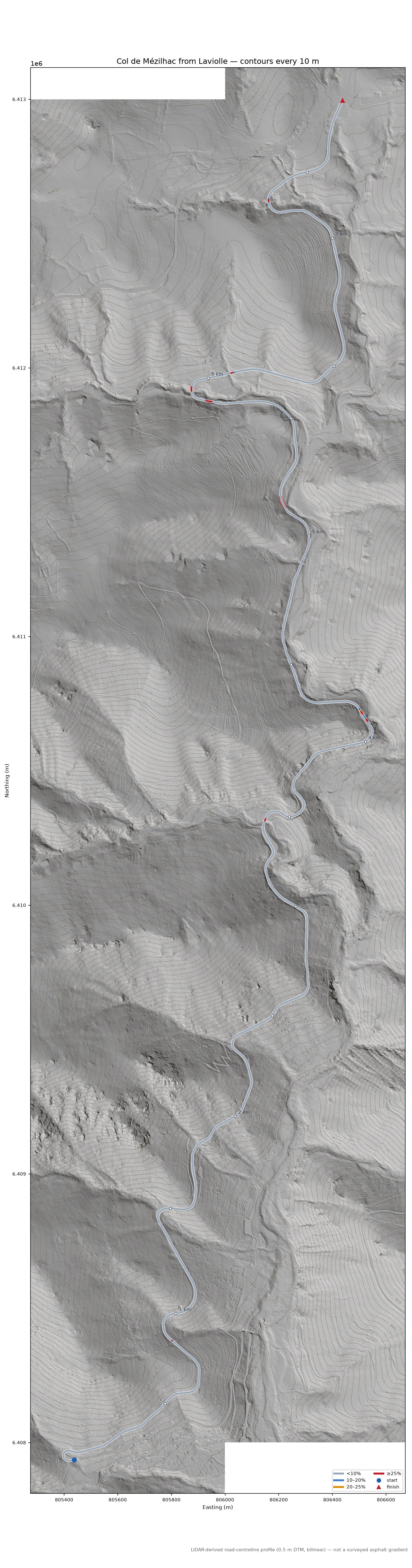 Col de Mézilhac from Laviolle LiDAR hillshade map with contours