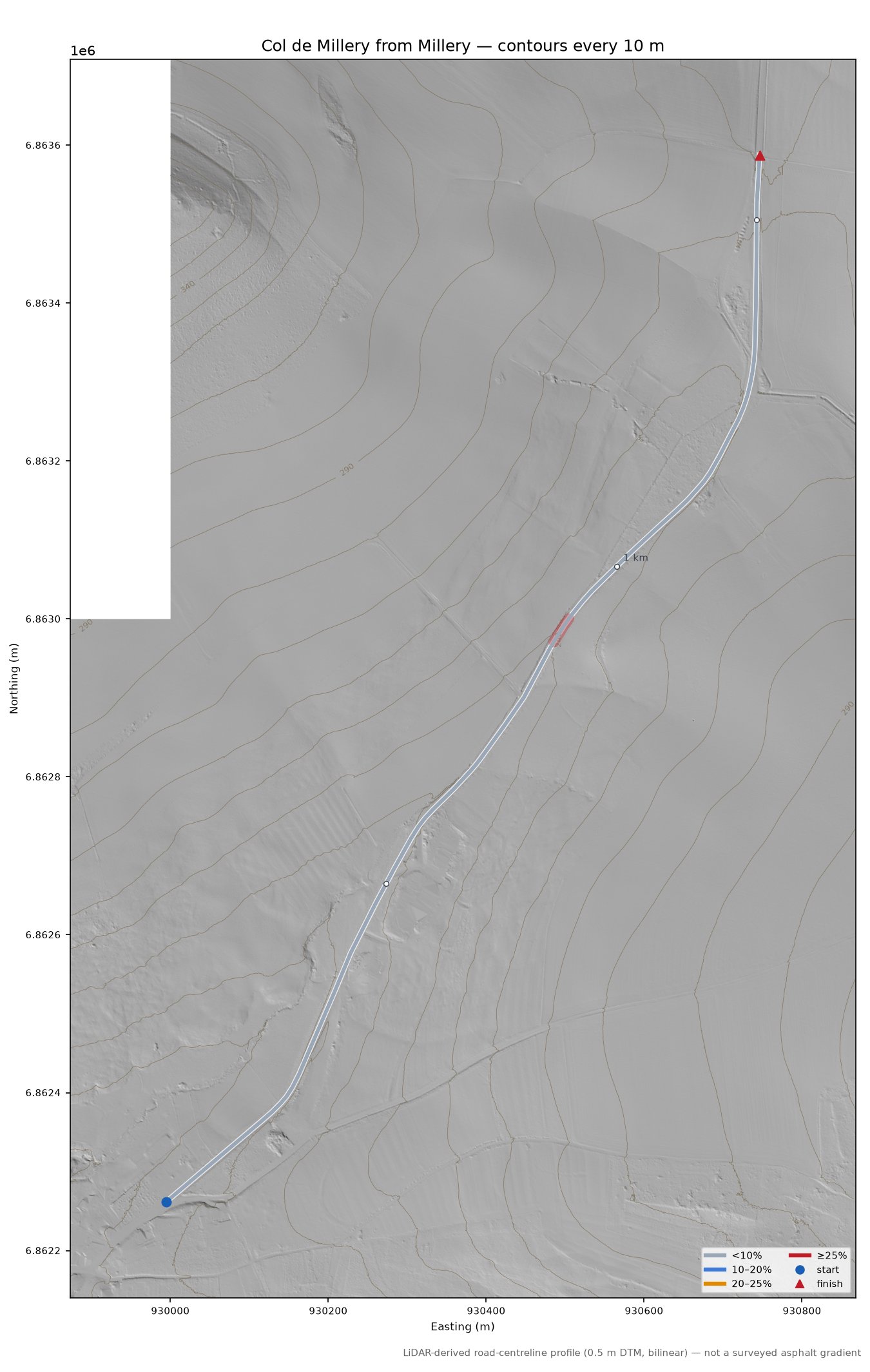 Col de Millery from Millery LiDAR hillshade map with contours