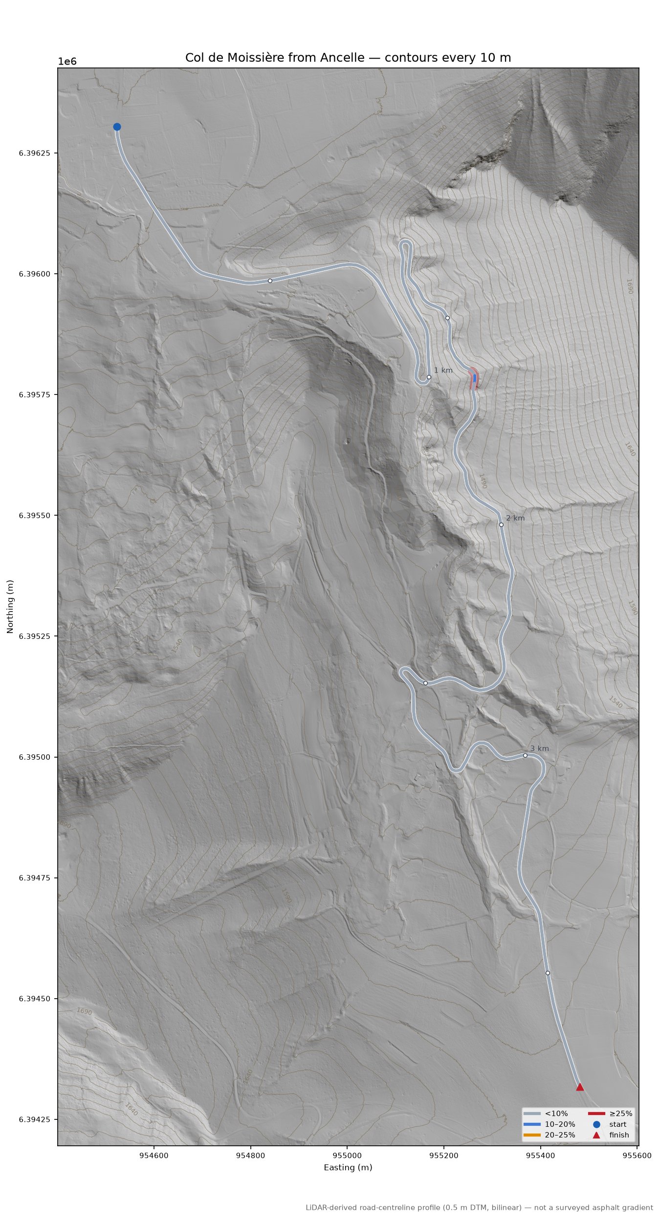Col de Moissière from Ancelle LiDAR hillshade map with contours