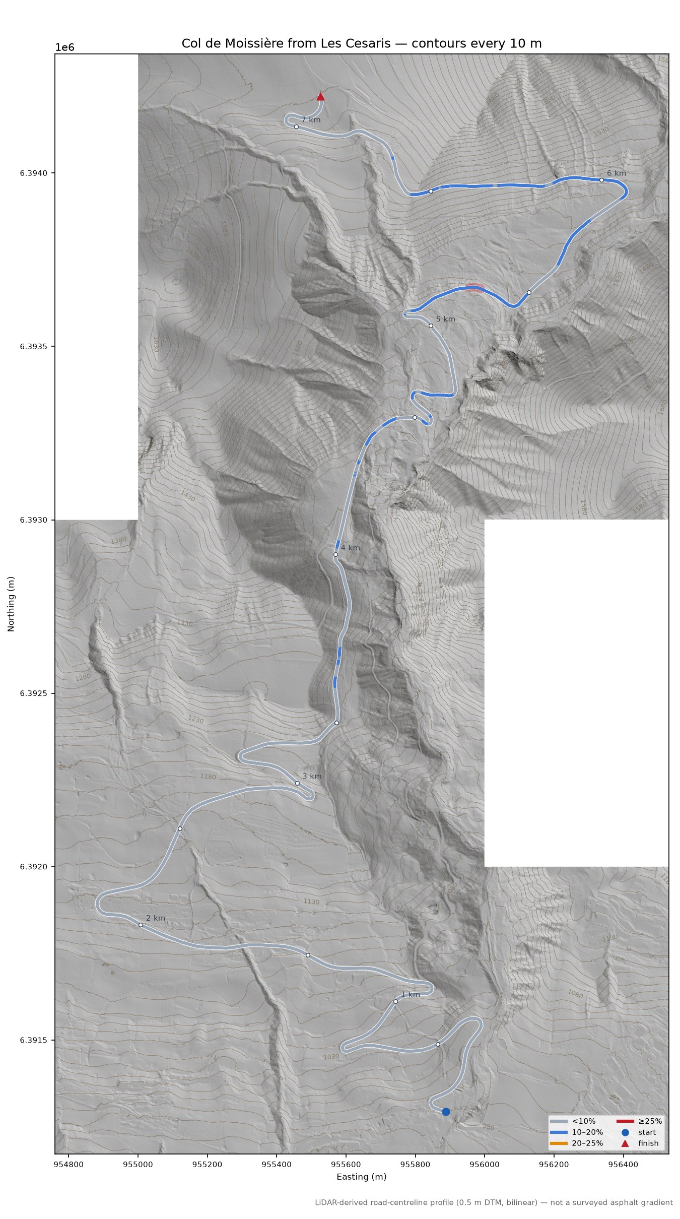 Col de Moissière from Les Cesaris LiDAR hillshade map with contours