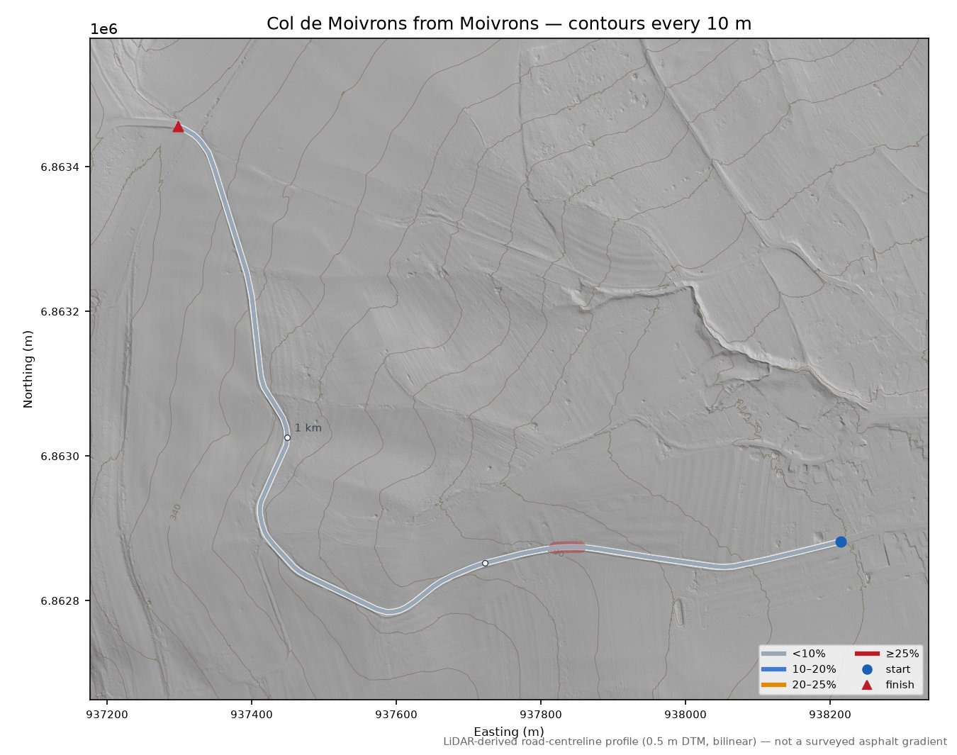Col de Moivrons from Moivrons LiDAR hillshade map with contours