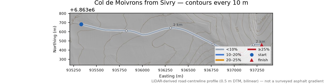 Col de Moivrons from Sivry LiDAR hillshade map with contours