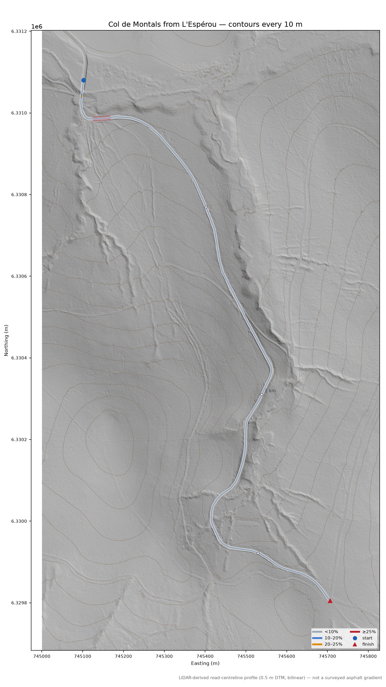 Col de Montals from L'Espérou LiDAR hillshade map with contours