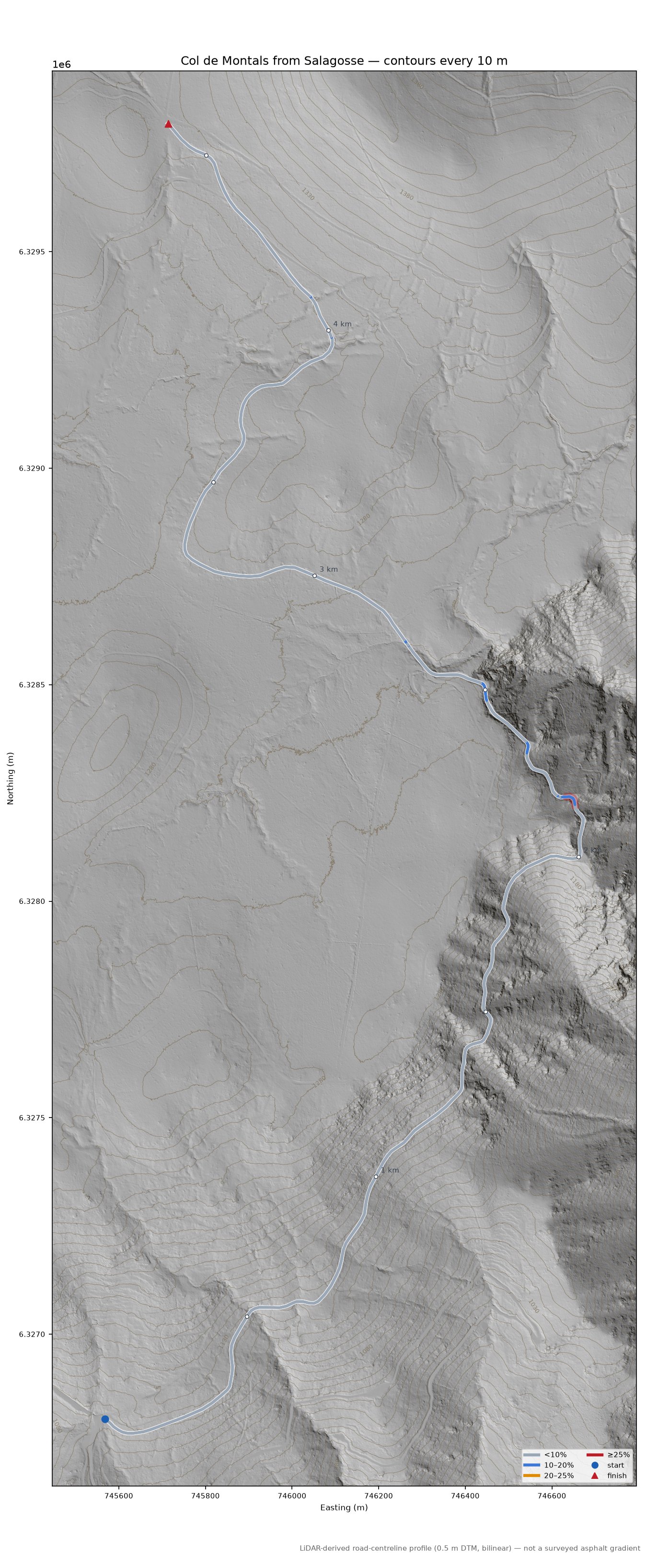Col de Montals from Salagosse LiDAR hillshade map with contours