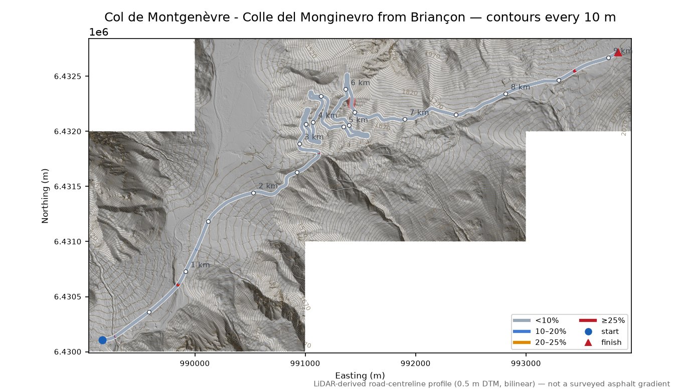 Col de Montgenèvre - Colle del Monginevro from Briançon LiDAR hillshade map with contours