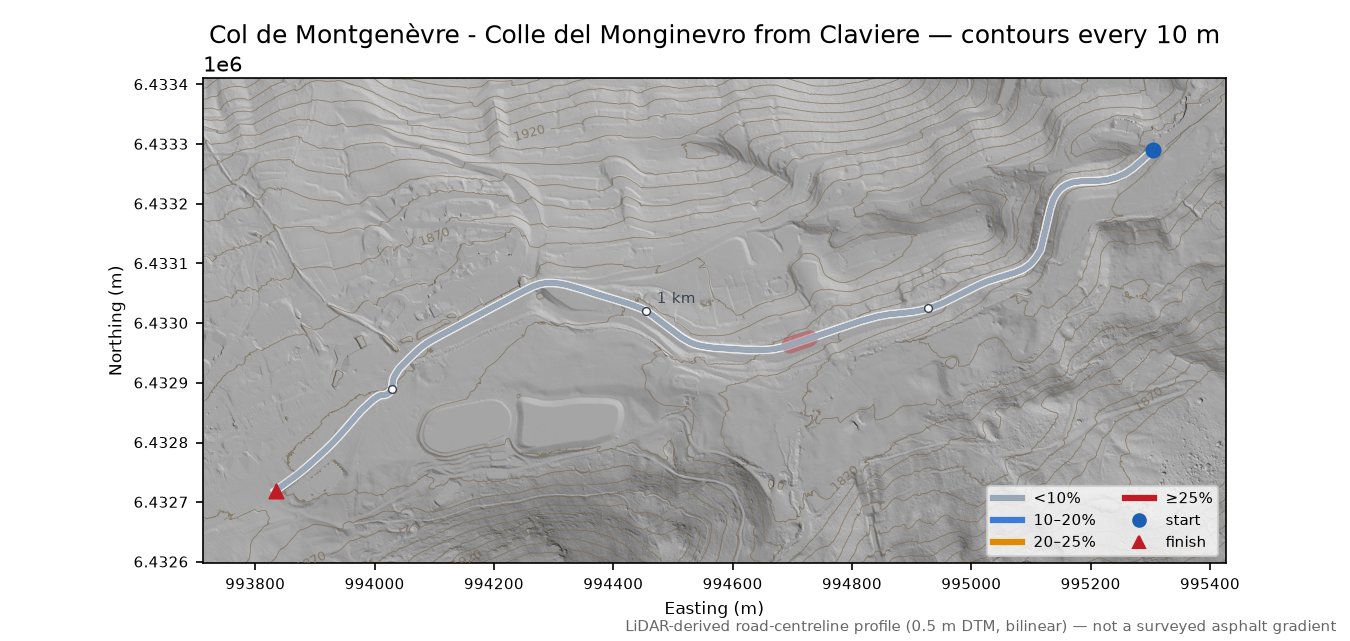 Col de Montgenèvre - Colle del Monginevro from Claviere LiDAR hillshade map with contours