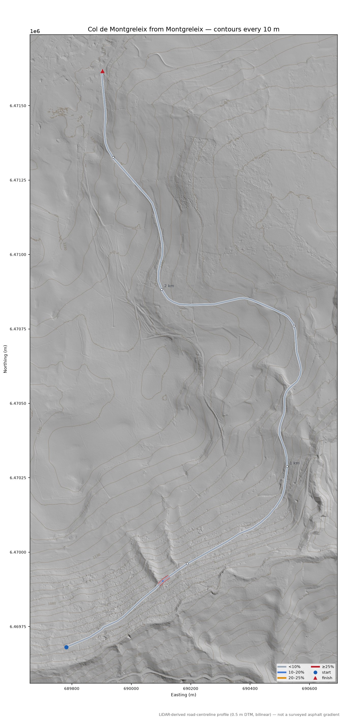 Col de Montgreleix from Montgreleix LiDAR hillshade map with contours