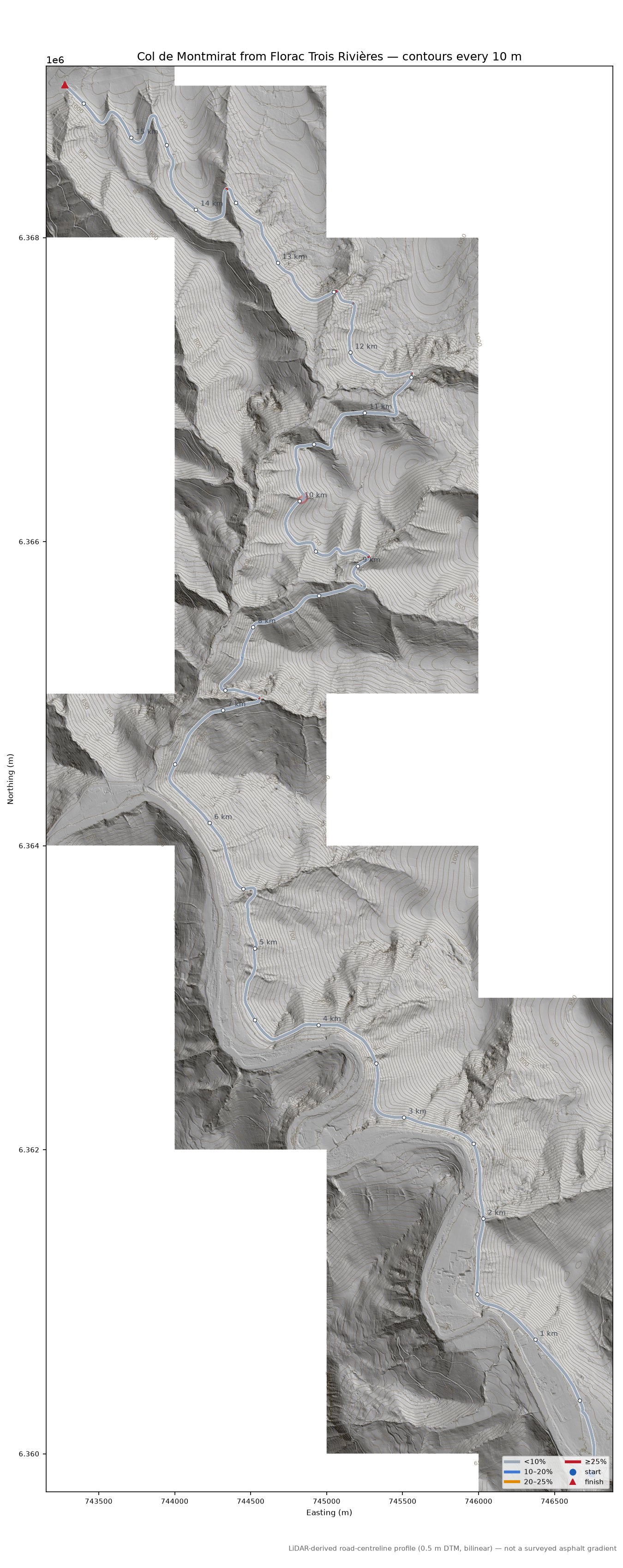 Col de Montmirat from Florac Trois Rivières LiDAR hillshade map with contours