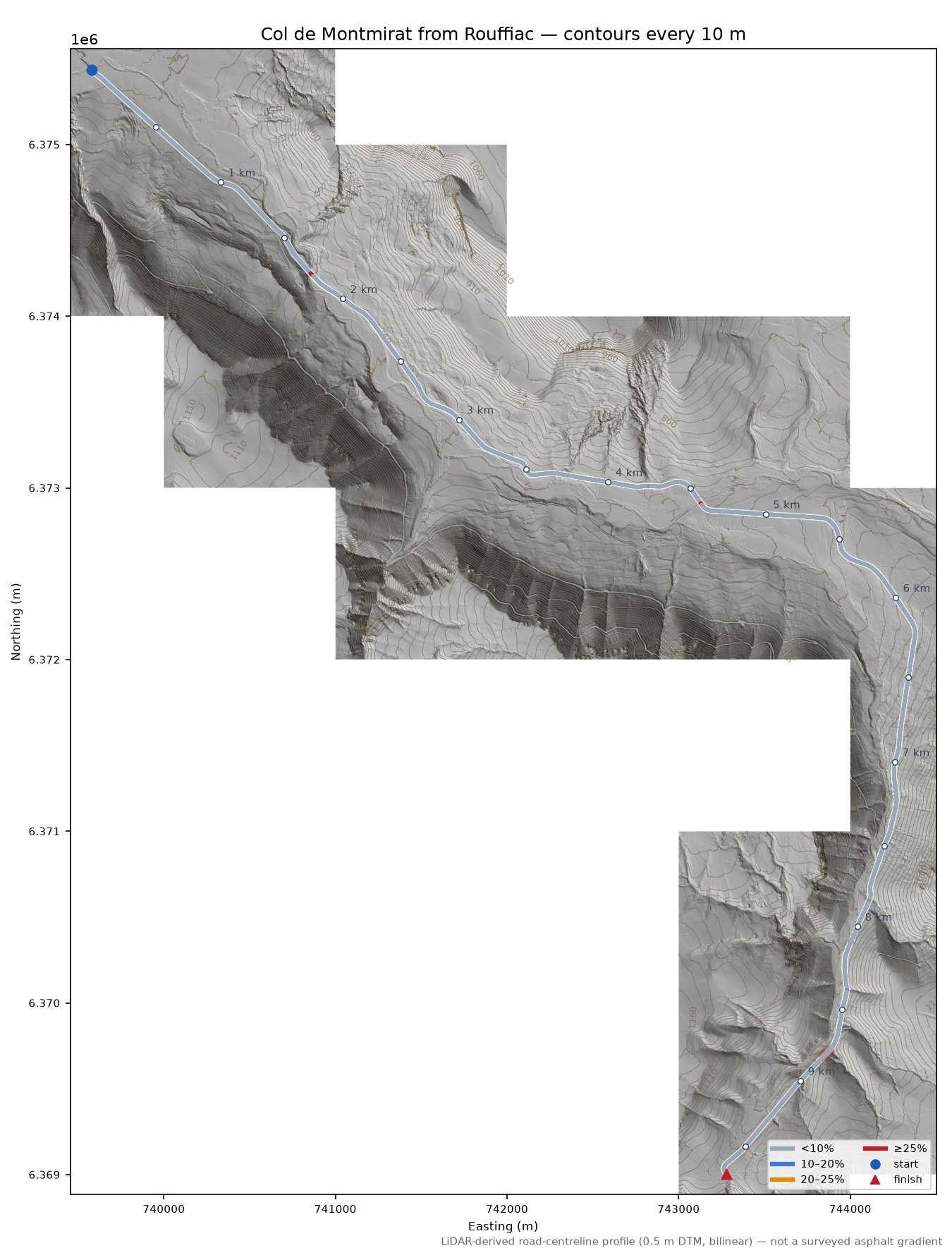 Col de Montmirat from Rouffiac LiDAR hillshade map with contours