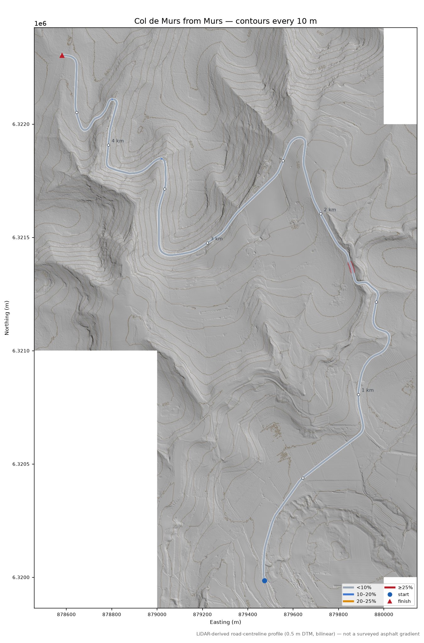 Col de Murs from Murs LiDAR hillshade map with contours
