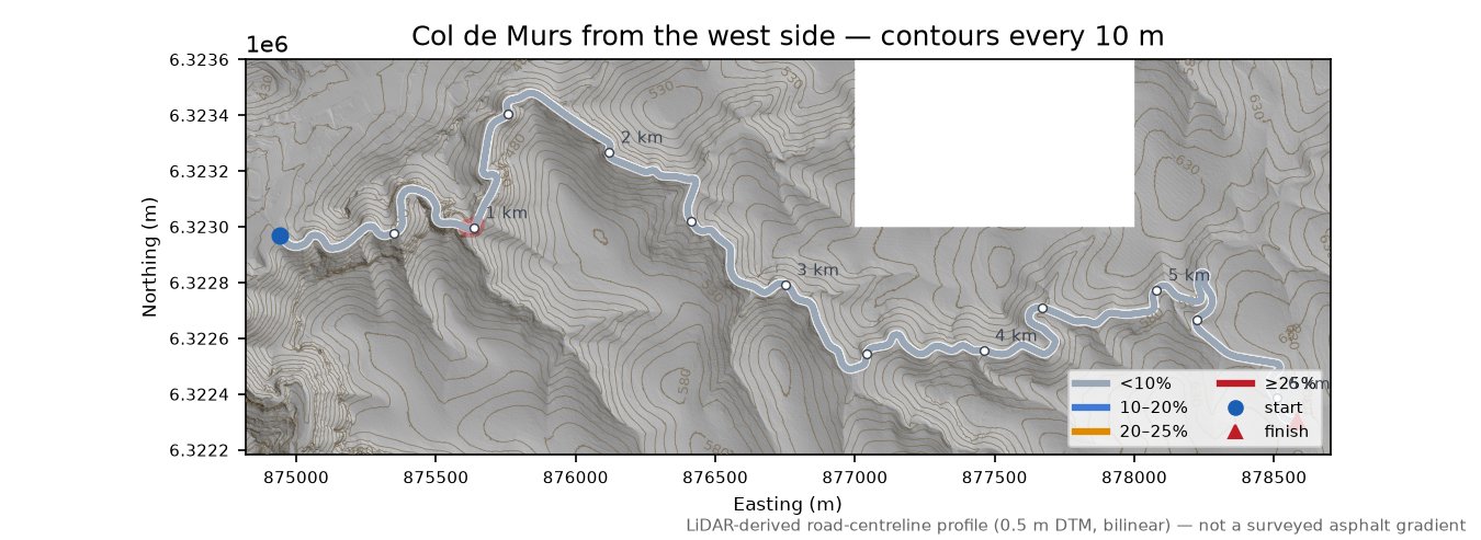 Col de Murs from the west side LiDAR hillshade map with contours