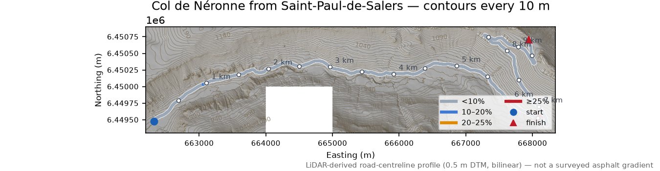 Col de Néronne from Saint-Paul-de-Salers LiDAR hillshade map with contours