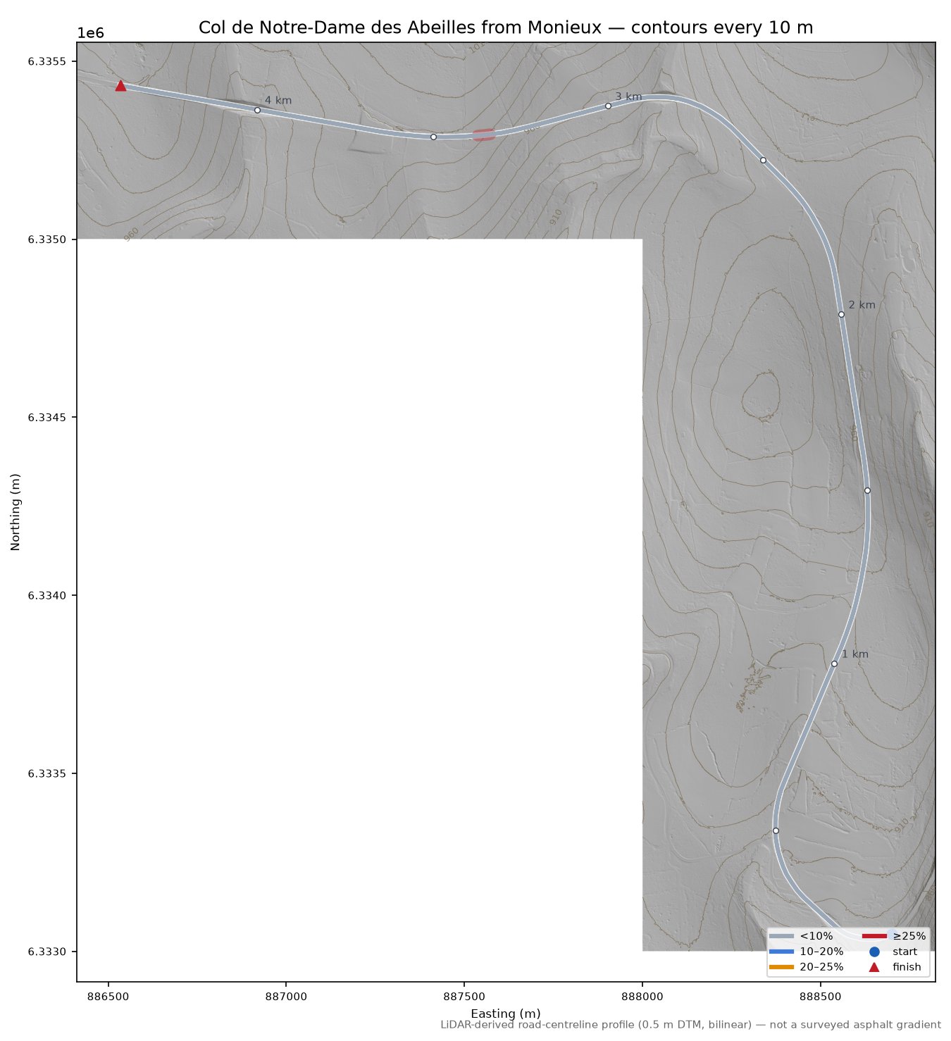 Col de Notre-Dame des Abeilles from Monieux LiDAR hillshade map with contours