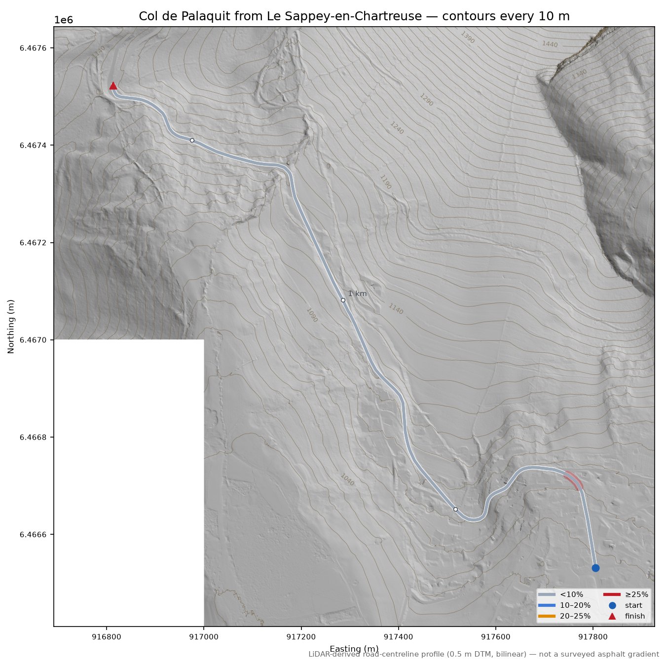 Col de Palaquit from Le Sappey-en-Chartreuse LiDAR hillshade map with contours