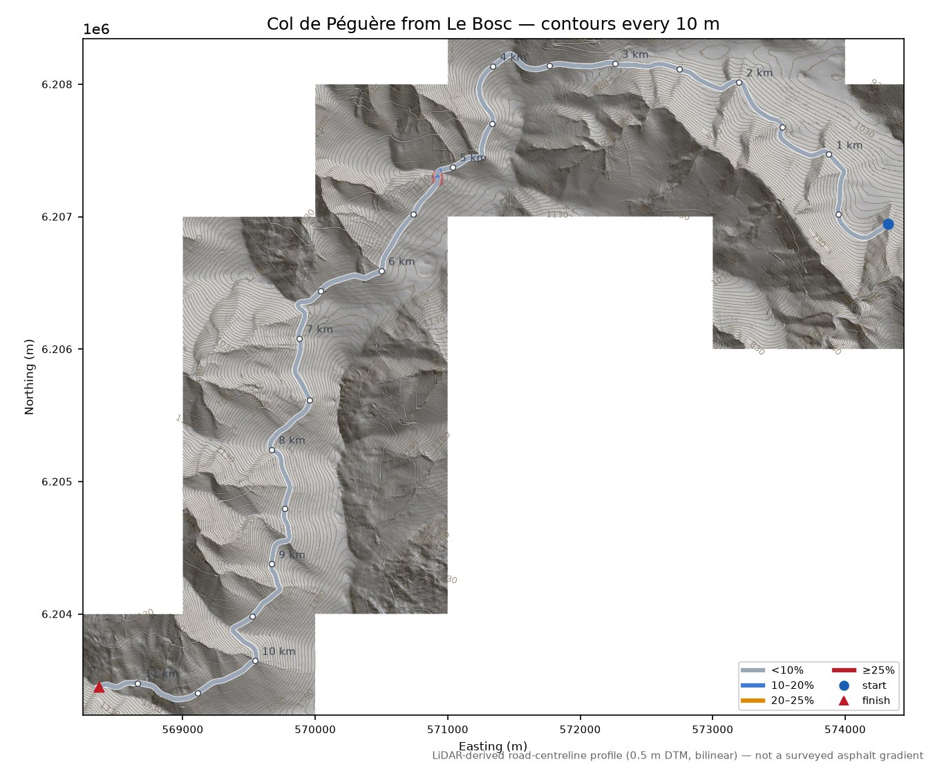 Col de Péguère from Le Bosc LiDAR hillshade map with contours