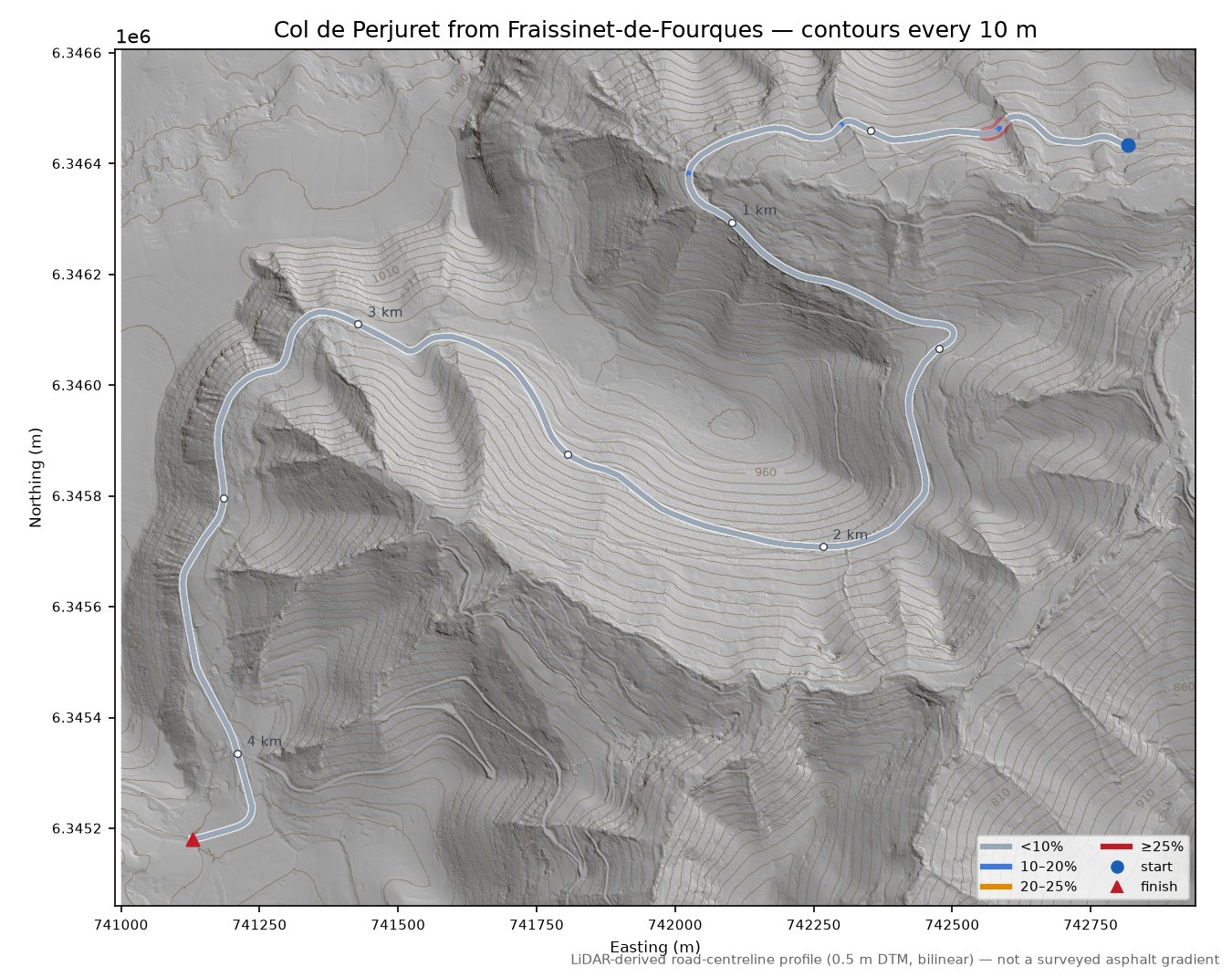 Col de Perjuret from Fraissinet-de-Fourques LiDAR hillshade map with contours