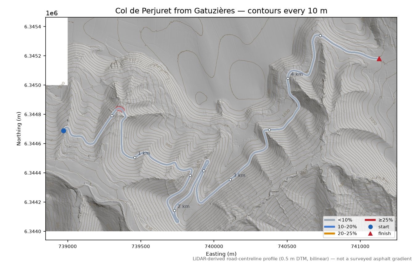 Col de Perjuret from Gatuzières LiDAR hillshade map with contours